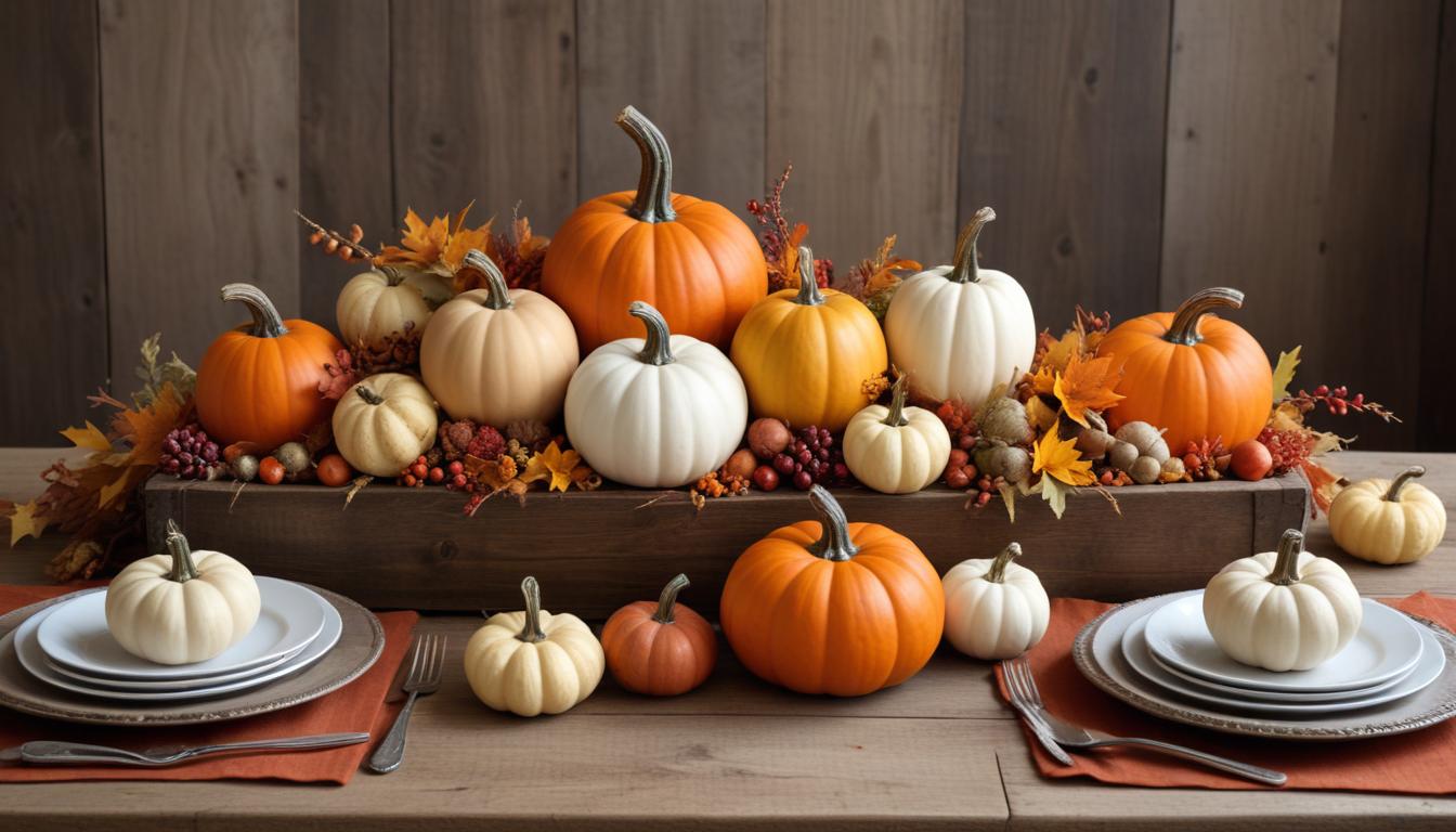 Autumn table with pumpkins and fall decor Autumn table with pumpkins and fall decor