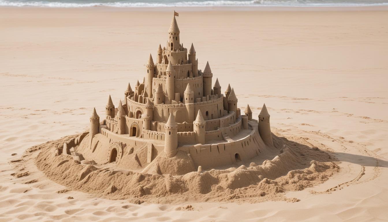 Intricate sand castle stands tall on a sunny beach Intricate sand castle stands tall on a sunny beach