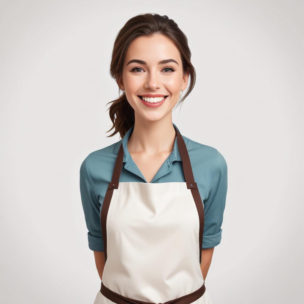 Smiling woman in apron with a welcoming expression Smiling woman in apron with a welcoming expression