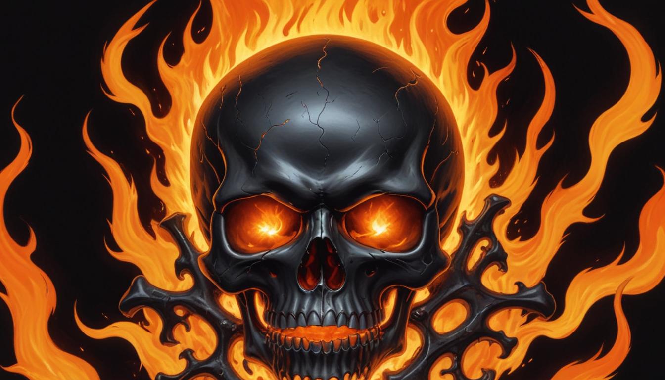 Artistic depiction of a flaming skull with eerie flames Artistic depiction of a flaming skull with eerie flames