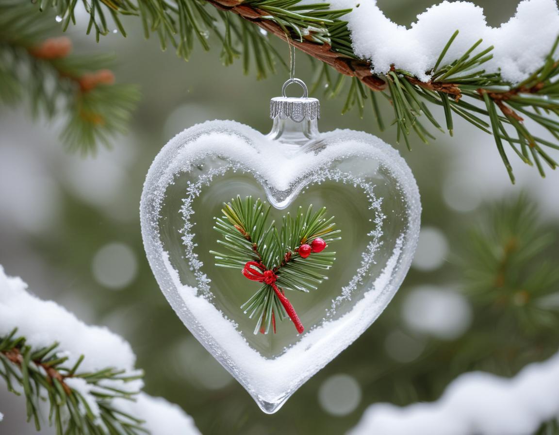 Heart-shaped ornament with pine in snowy background Heart-shaped ornament with pine in snowy background
