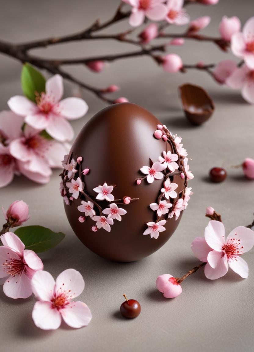 Beautiful chocolate egg decorated with cherry blossoms Beautiful chocolate egg decorated with cherry blossoms