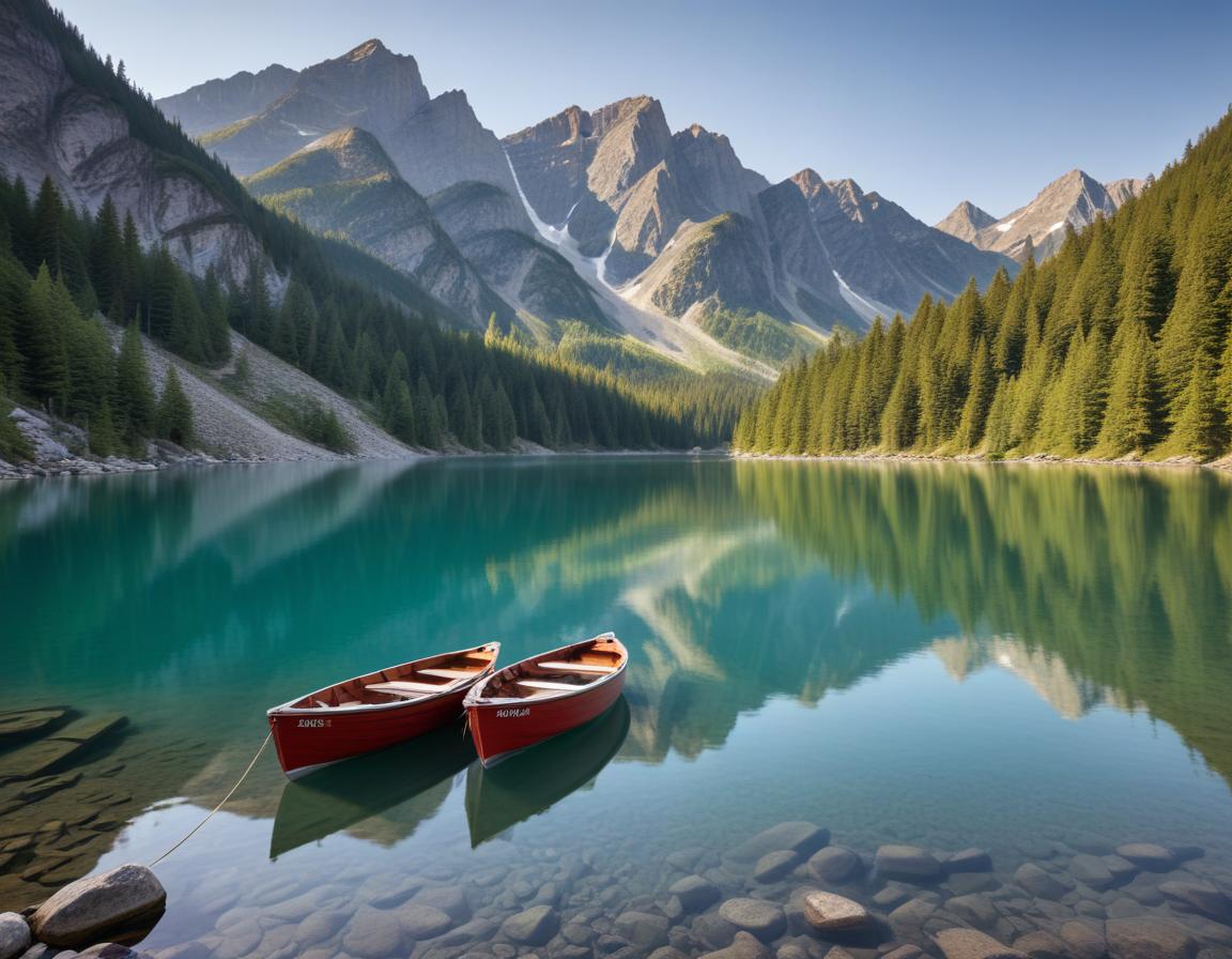 Calm lake with boats and mountain backdrop in morning Calm lake with boats and mountain backdrop in morning