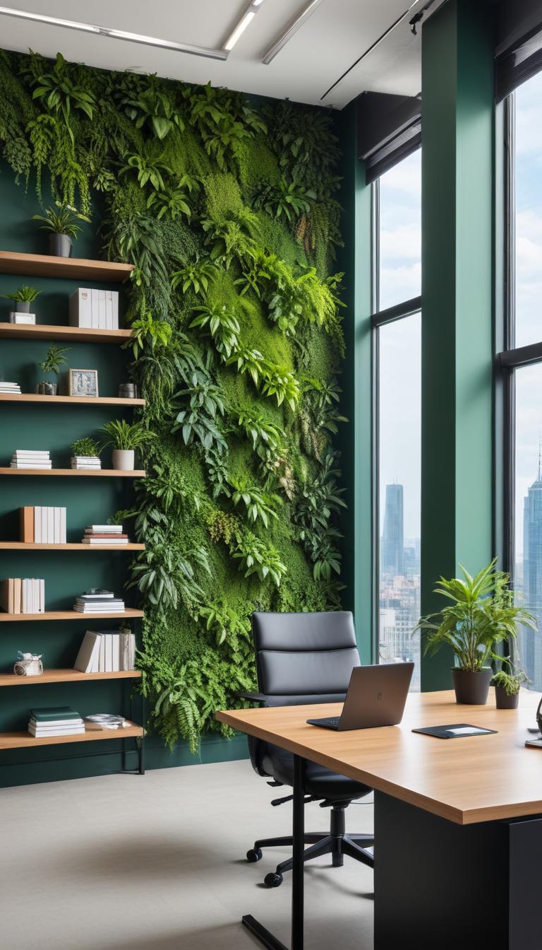 Modern office space with green wall and city view Modern office space with green wall and city view