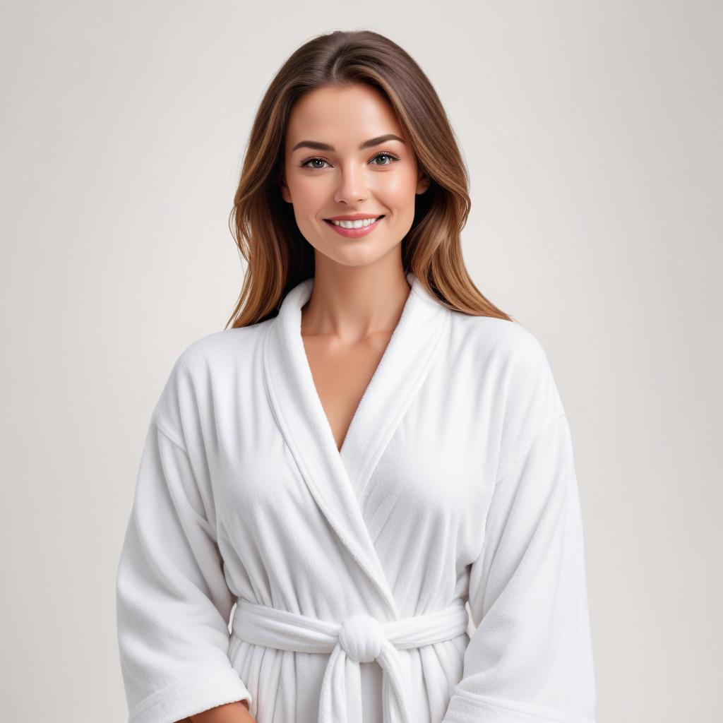 Woman in white robe smiling in a bright setting Woman in white robe smiling in a bright setting