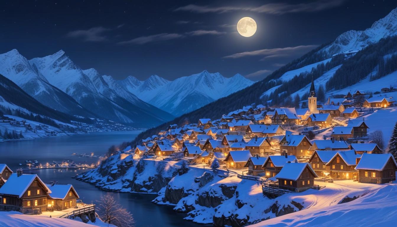 Winter village under the moonlight in the mountains Winter village under the moonlight in the mountains