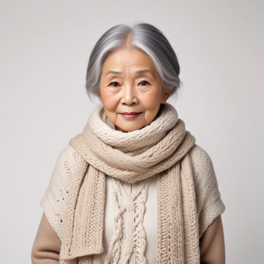 Elderly woman wearing a warm scarf and smiling softly Elderly woman wearing a warm scarf and smiling softly