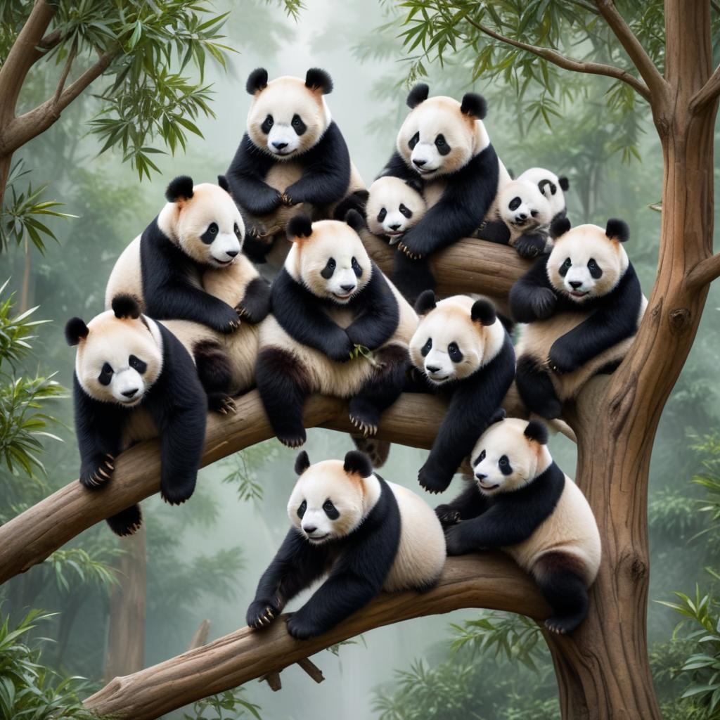 Group of pandas lounging together in a lush forest Group of pandas lounging together in a lush forest