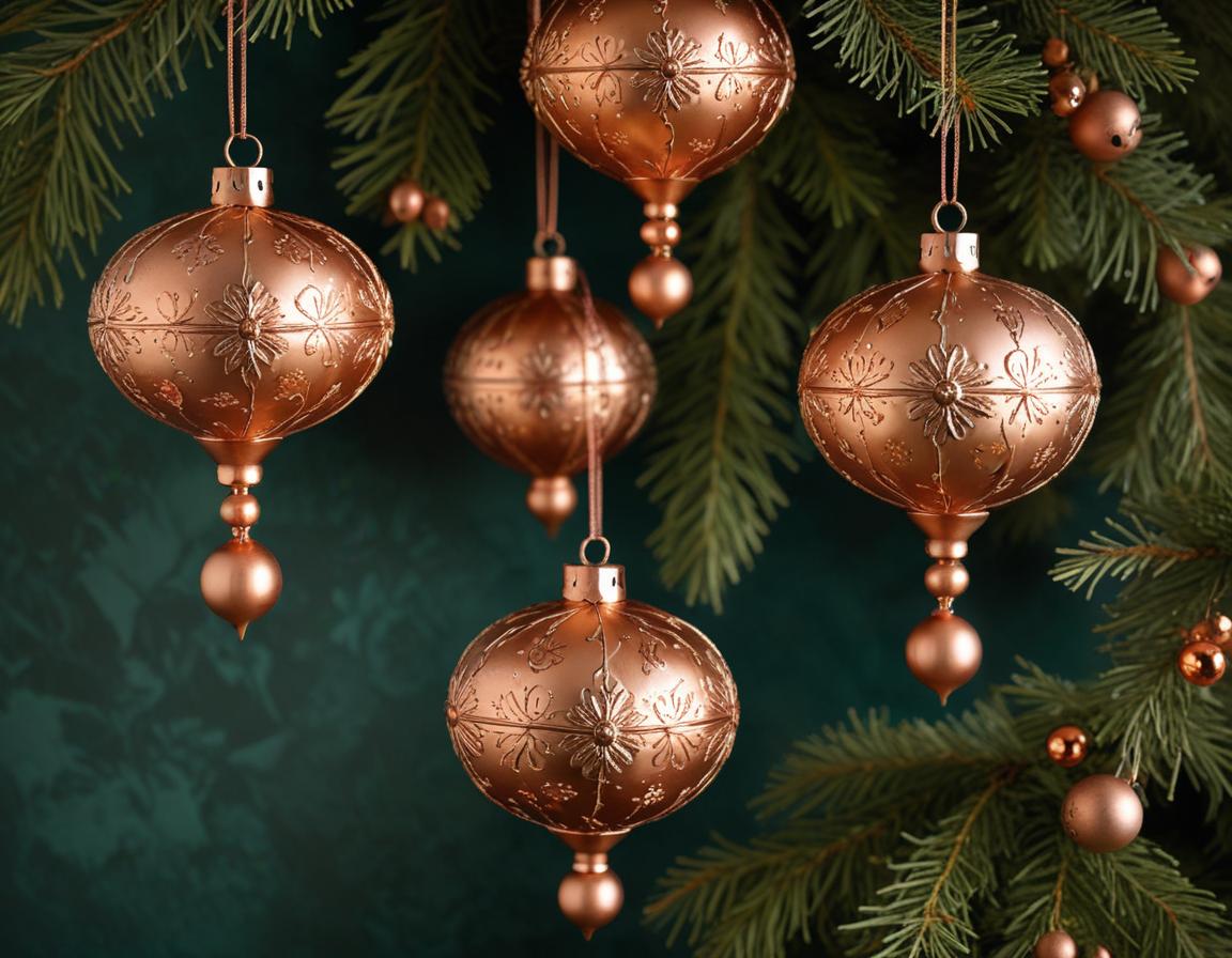 Elegant copper ornaments hanging on evergreen branches Elegant copper ornaments hanging on evergreen branches