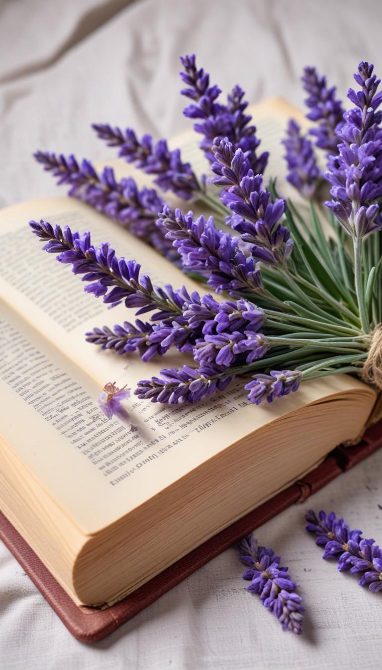 Purple lavender bouquet resting on open book pages Purple lavender bouquet resting on open book pages