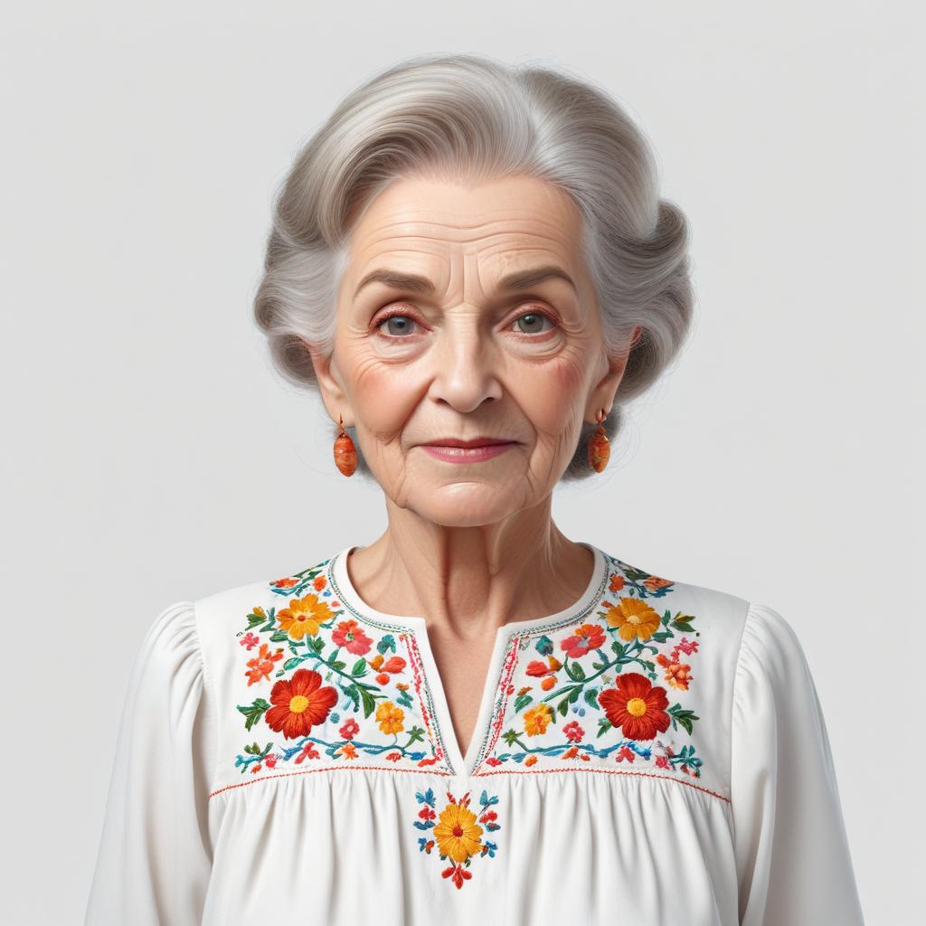 Elderly woman in traditional embroidered blouse with flowers Elderly woman in traditional embroidered blouse with flowers