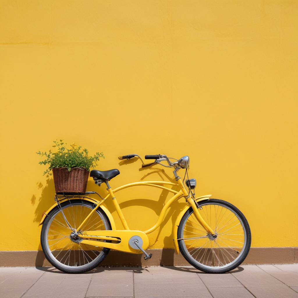 Bright yellow bicycle with a basket against a sunny wall Bright yellow bicycle with a basket against a sunny wall