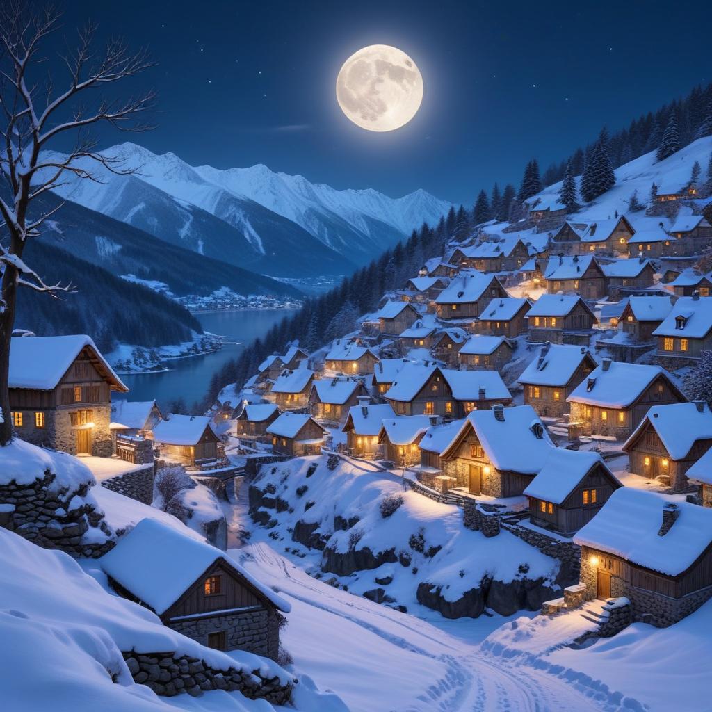 Mountain village under a full moon in winter night Mountain village under a full moon in winter night