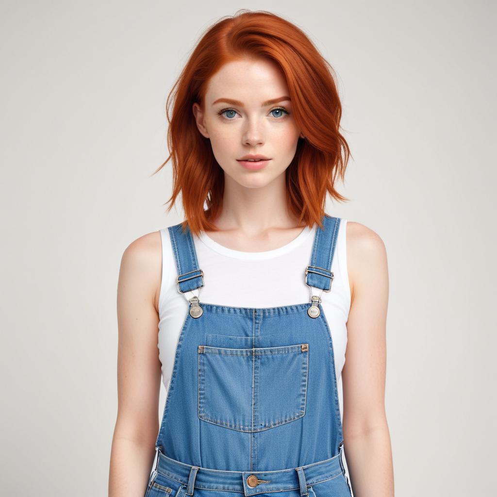 Young woman in blue overalls poses confidently indoors Young woman in blue overalls poses confidently indoors