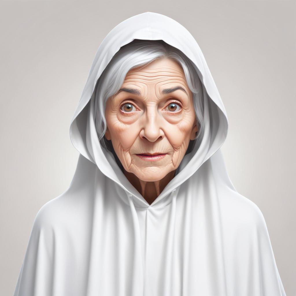 Elderly woman in a hooded cloak with a wise expression Elderly woman in a hooded cloak with a wise expression