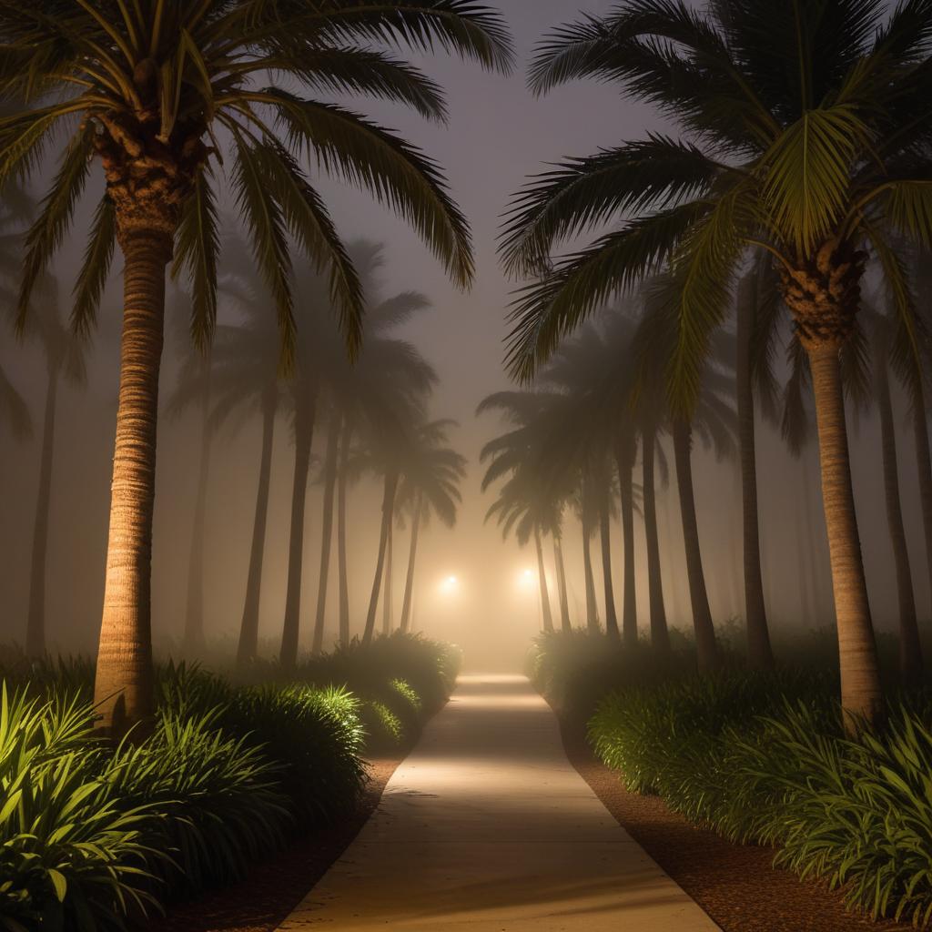 Mysterious pathway illuminated by fog and palms Mysterious pathway illuminated by fog and palms