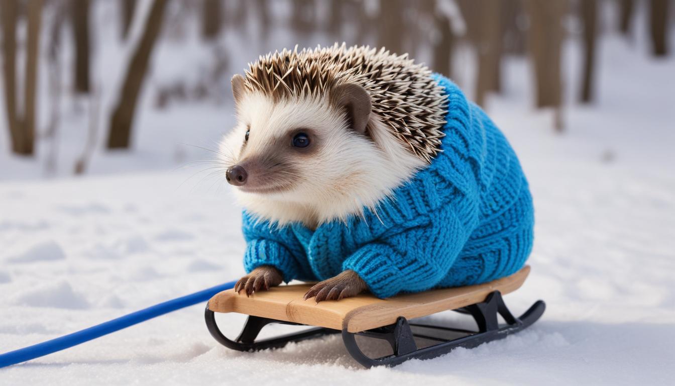 Hedgehog in a blue sweater sledding in winter snow Hedgehog in a blue sweater sledding in winter snow