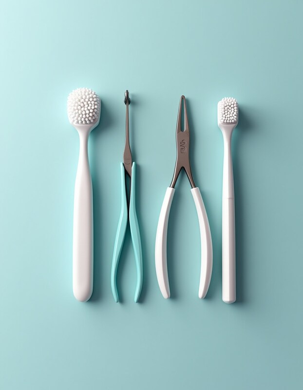 Dental hygiene tools on blue background Dental hygiene tools on blue background