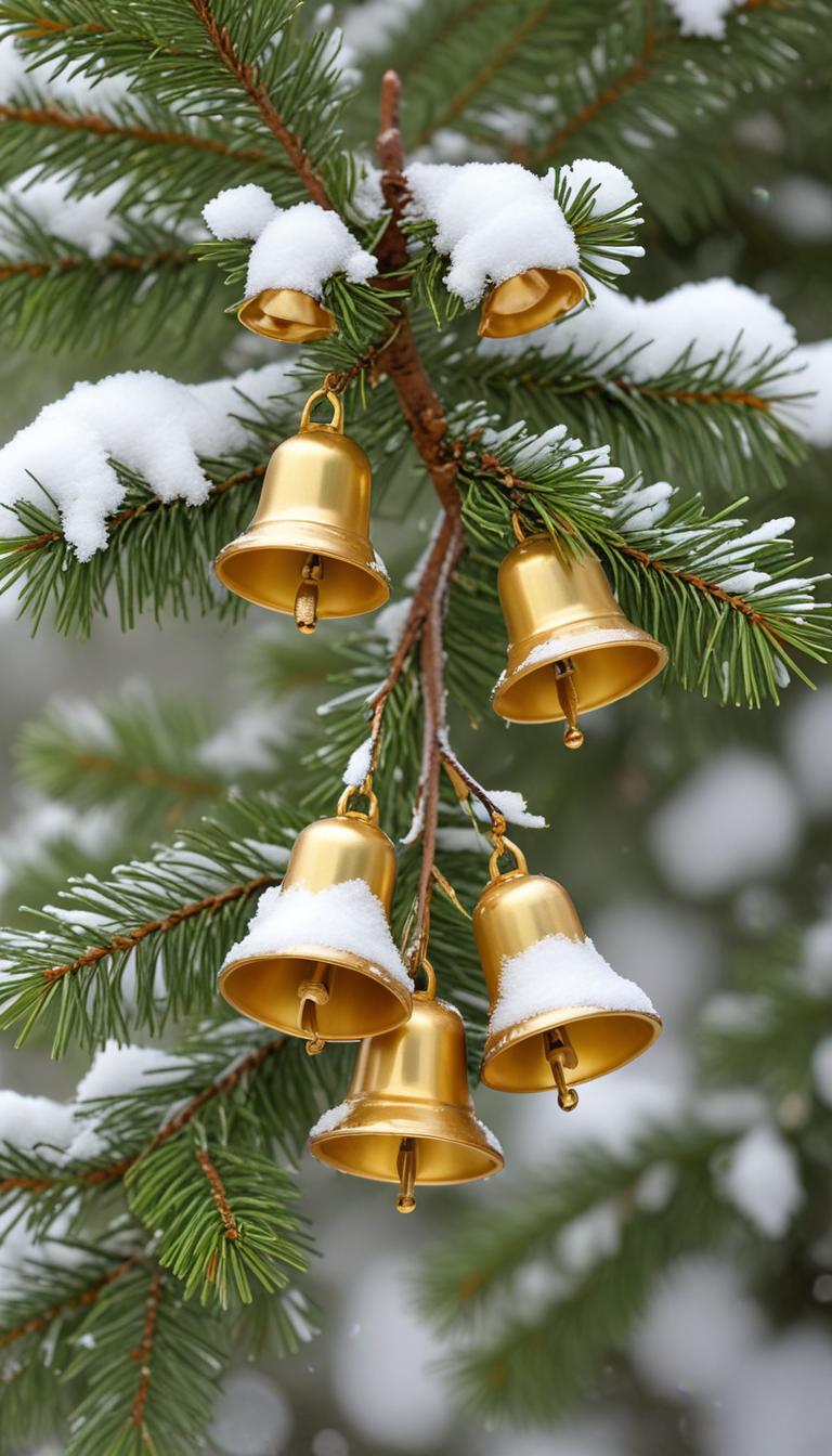 Gold bells hanging on snowy pine branch Gold bells hanging on snowy pine branch