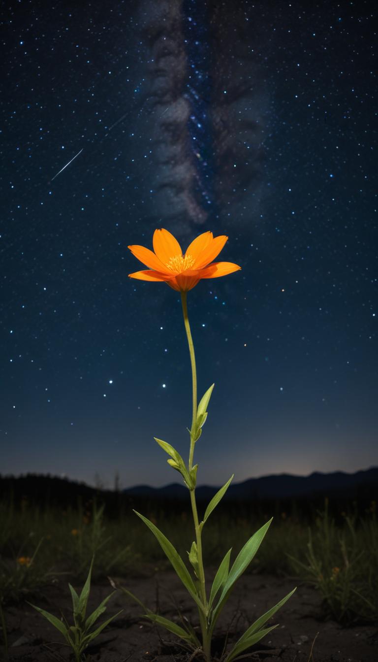Bright flower under starry sky at night Bright flower under starry sky at night