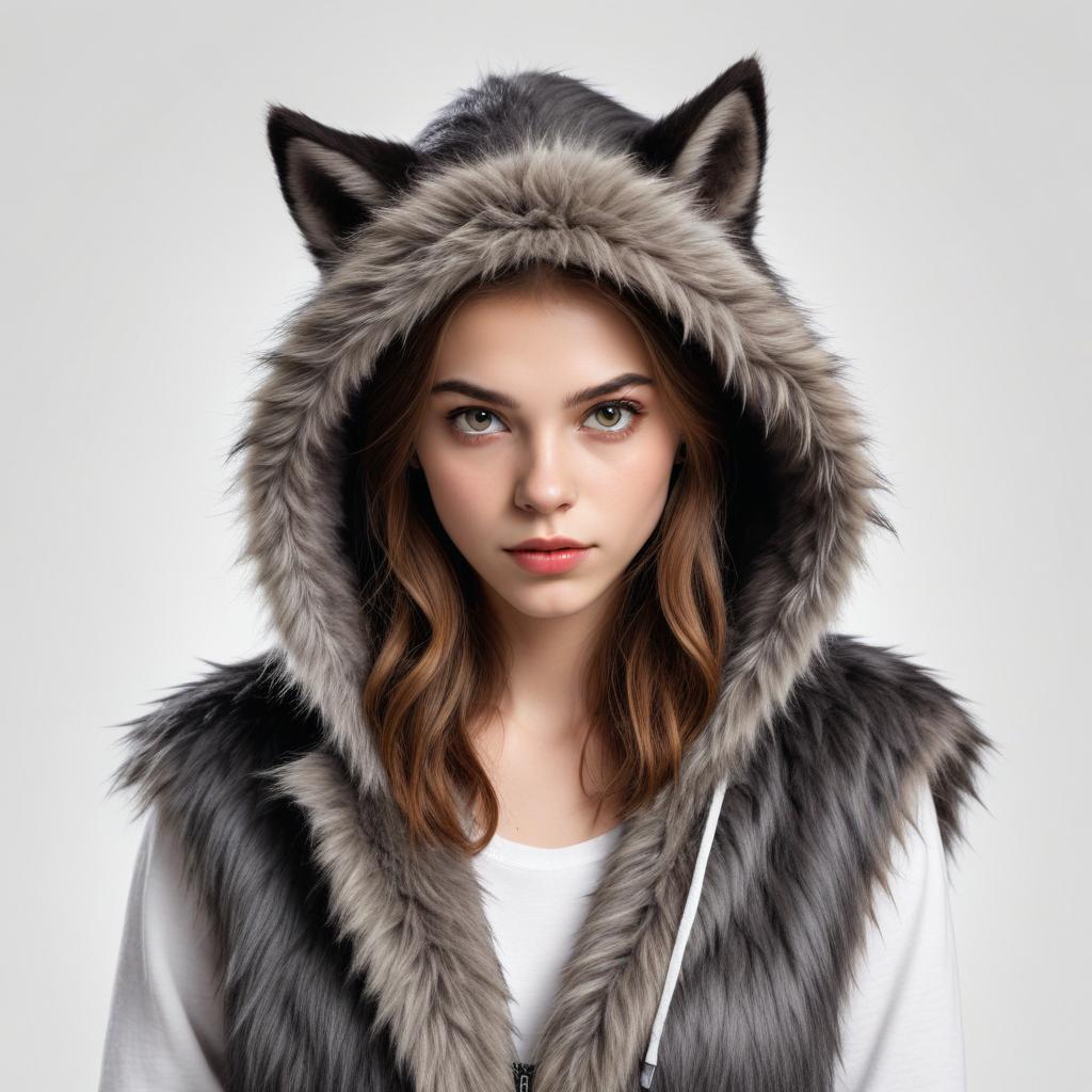Young woman in wolf hoodie Young woman in wolf hoodie