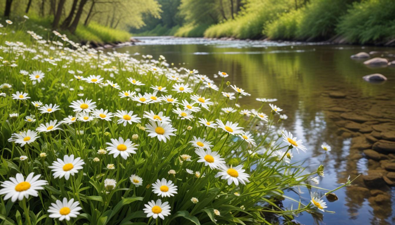 Wildflowers by tranquil riverbank Wildflowers by tranquil riverbank