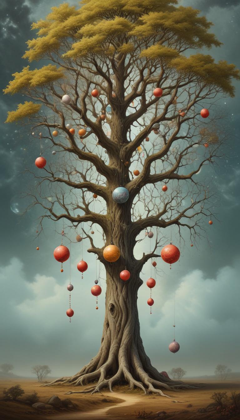 Tree adorned with hanging ornaments Tree adorned with hanging ornaments