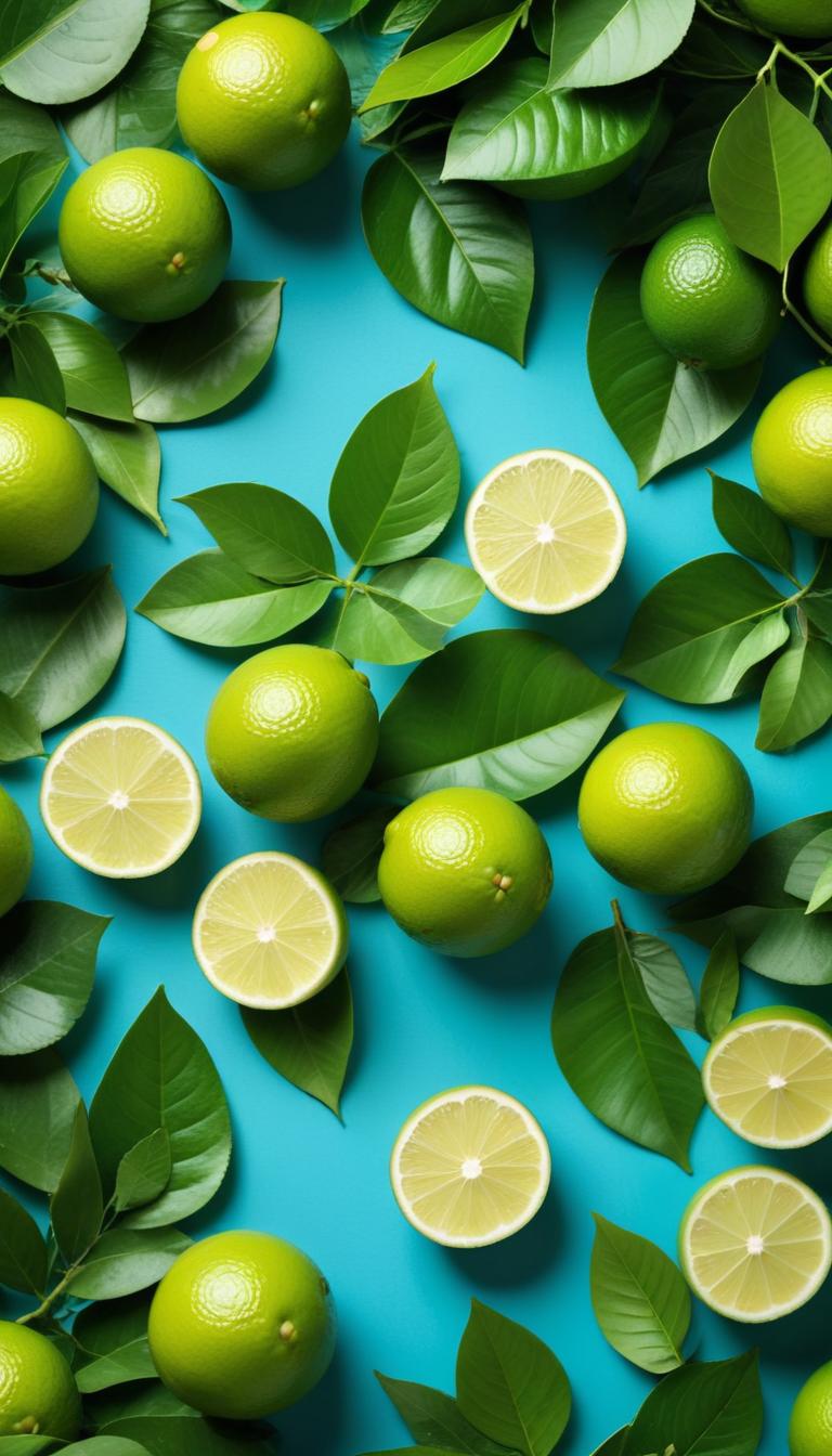 Fresh limes and green leaves display Fresh limes and green leaves display