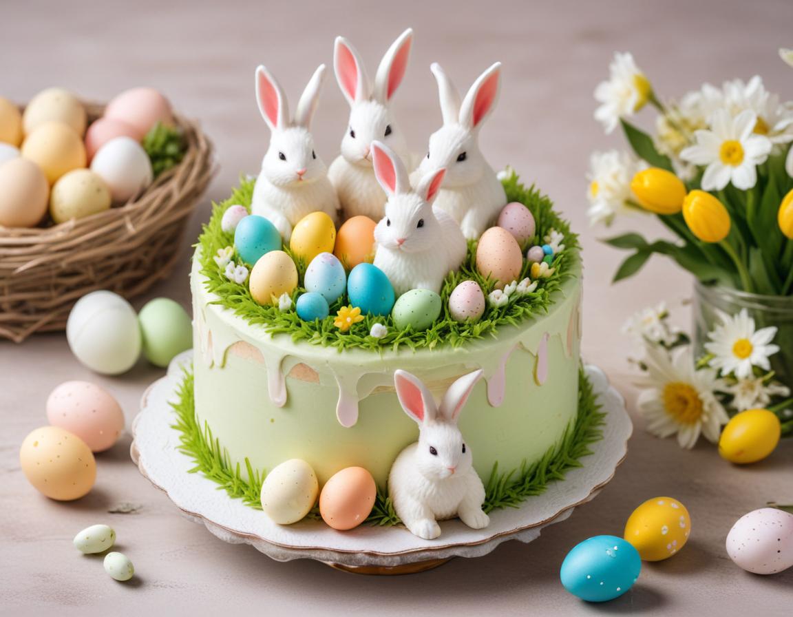 Cute easter cake with bunnies and eggs Cute easter cake with bunnies and eggs