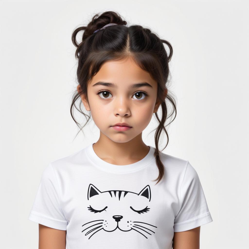 Girl in cat t-shirt with serious expression Girl in cat t-shirt with serious expression