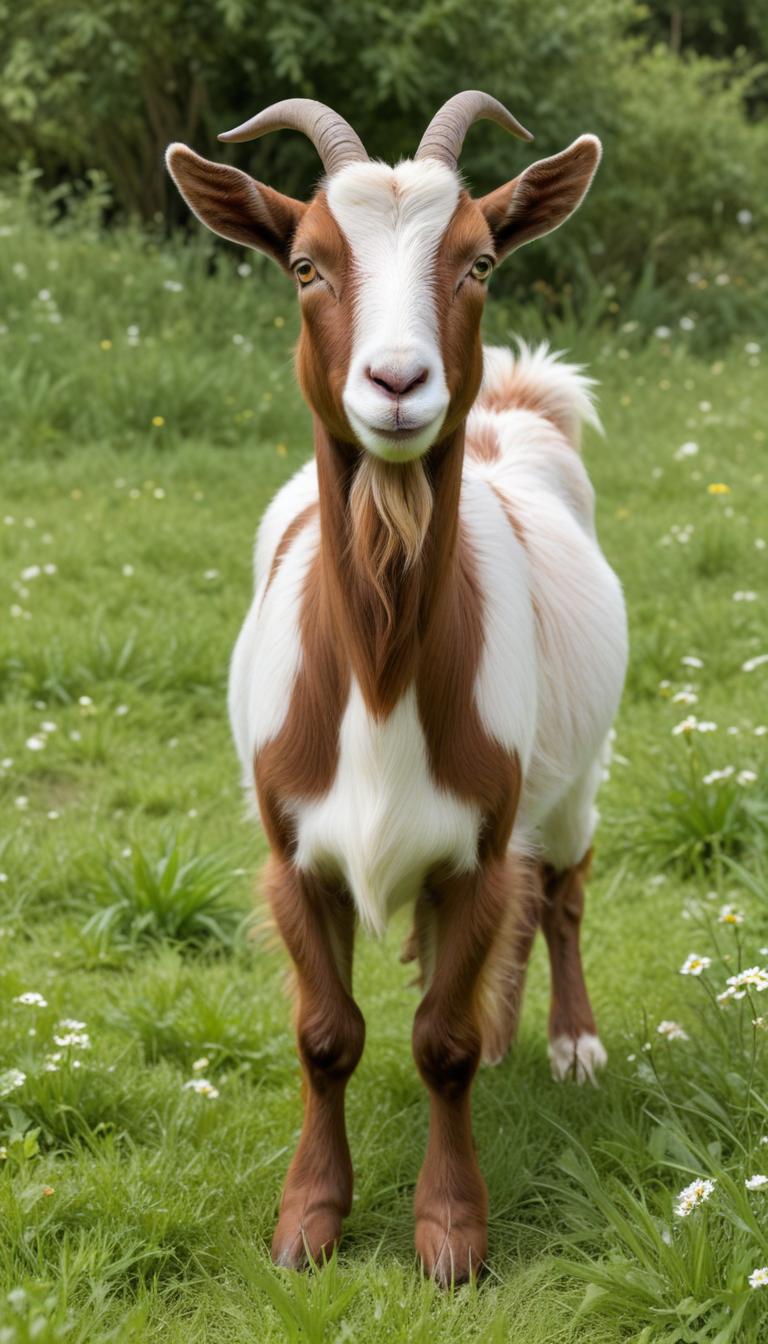 Brown and white goat in green field Brown and white goat in green field