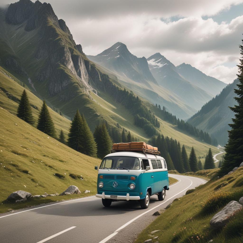 Vintage van travels mountain road Vintage van travels mountain road