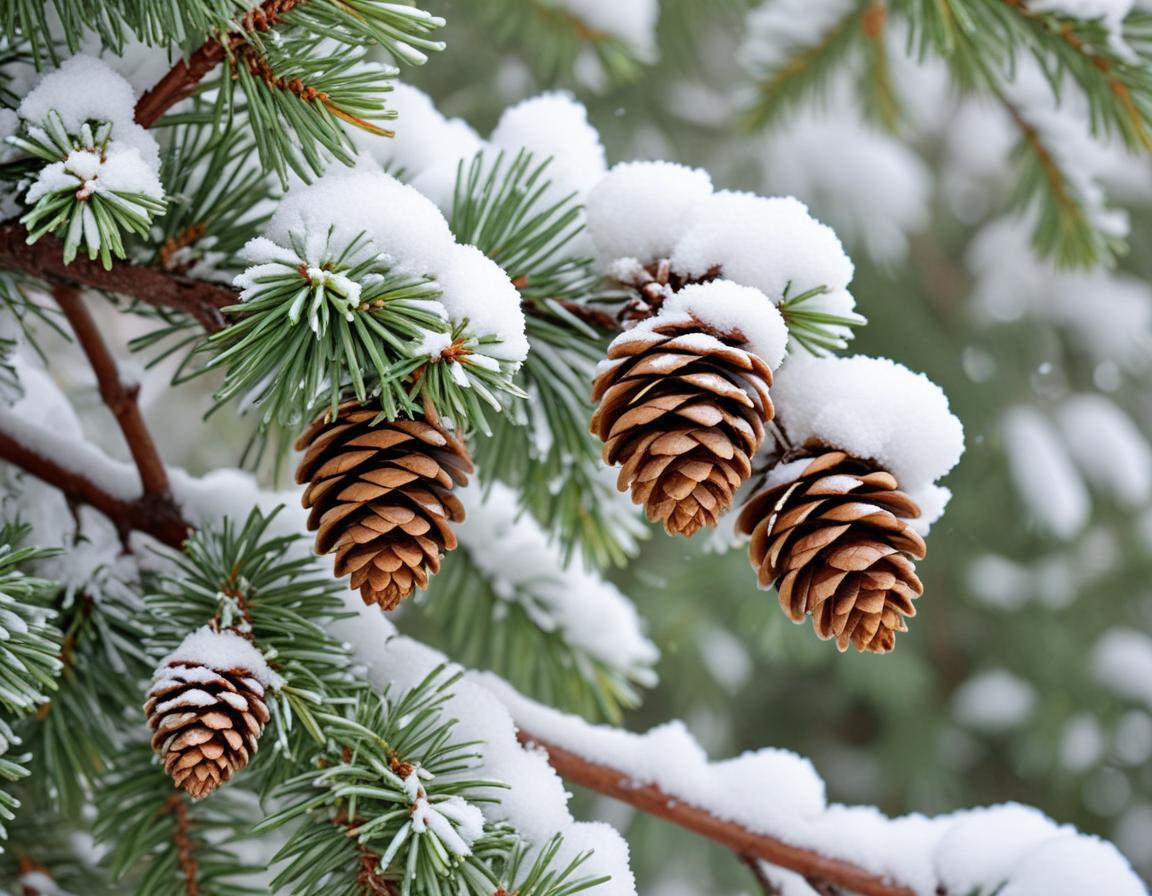 Snowy pine cones on branches Snowy pine cones on branches