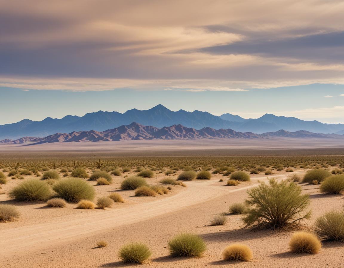 Desert landscape with mountains at dusk Desert landscape with mountains at dusk