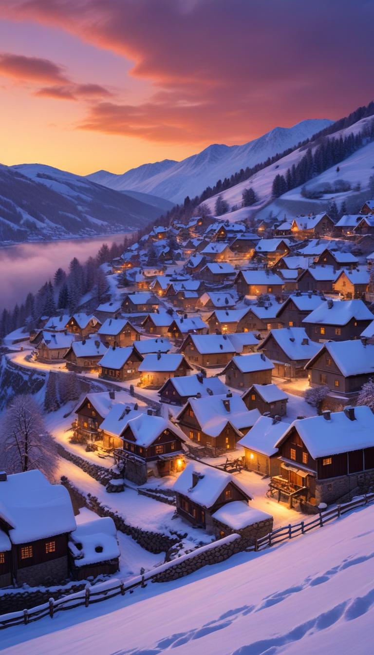 Snowy village at sunset in winter Snowy village at sunset in winter