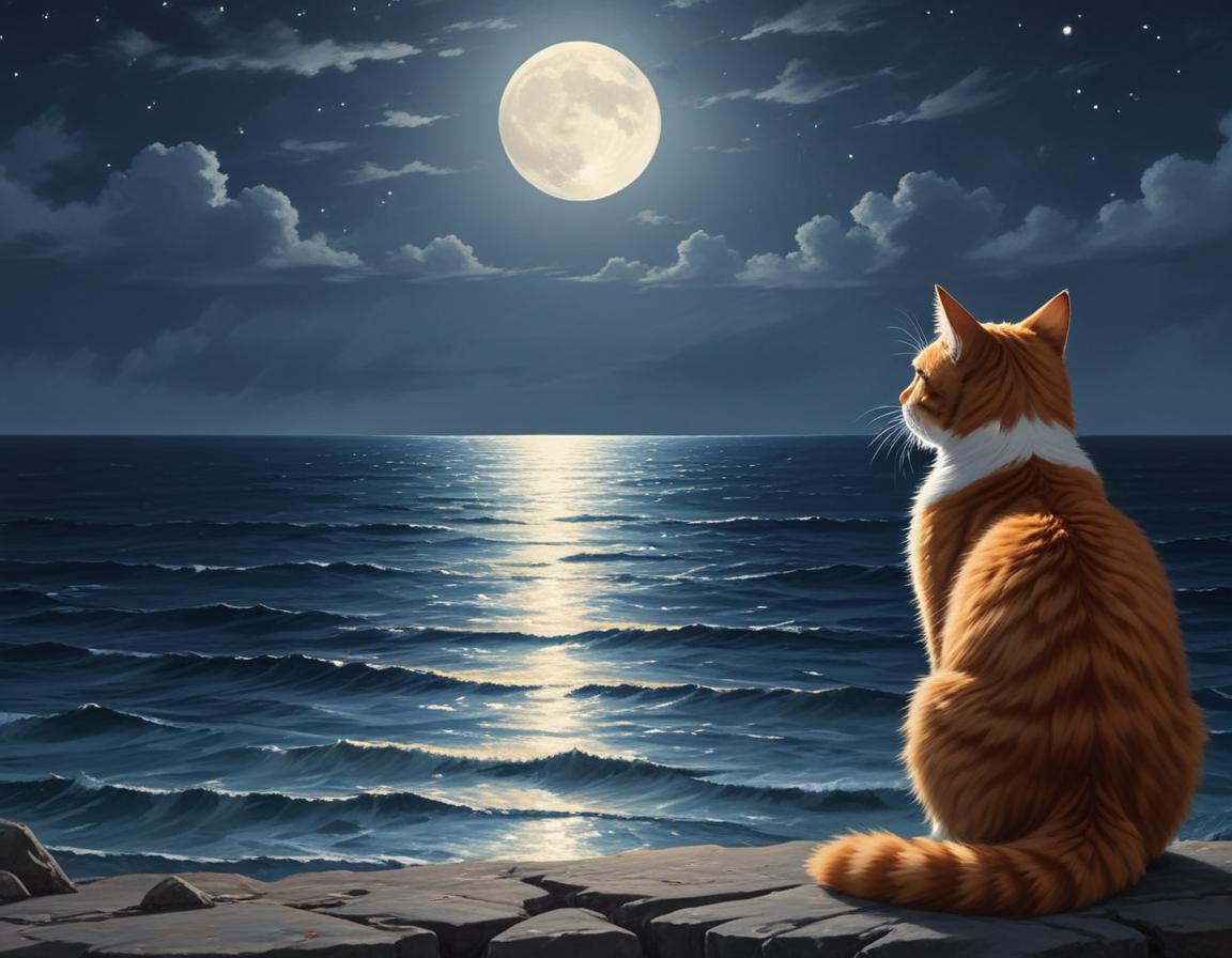 Cat watching moonlit ocean Cat watching moonlit ocean