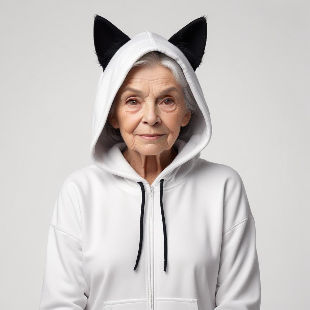 Elderly woman in cat hoodie Elderly woman in cat hoodie