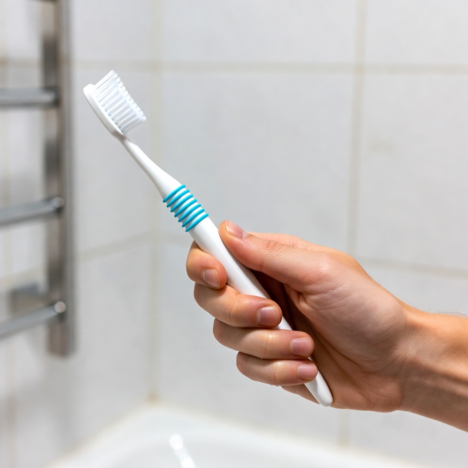 Toothbrush held in bathroom setting Toothbrush held in bathroom setting