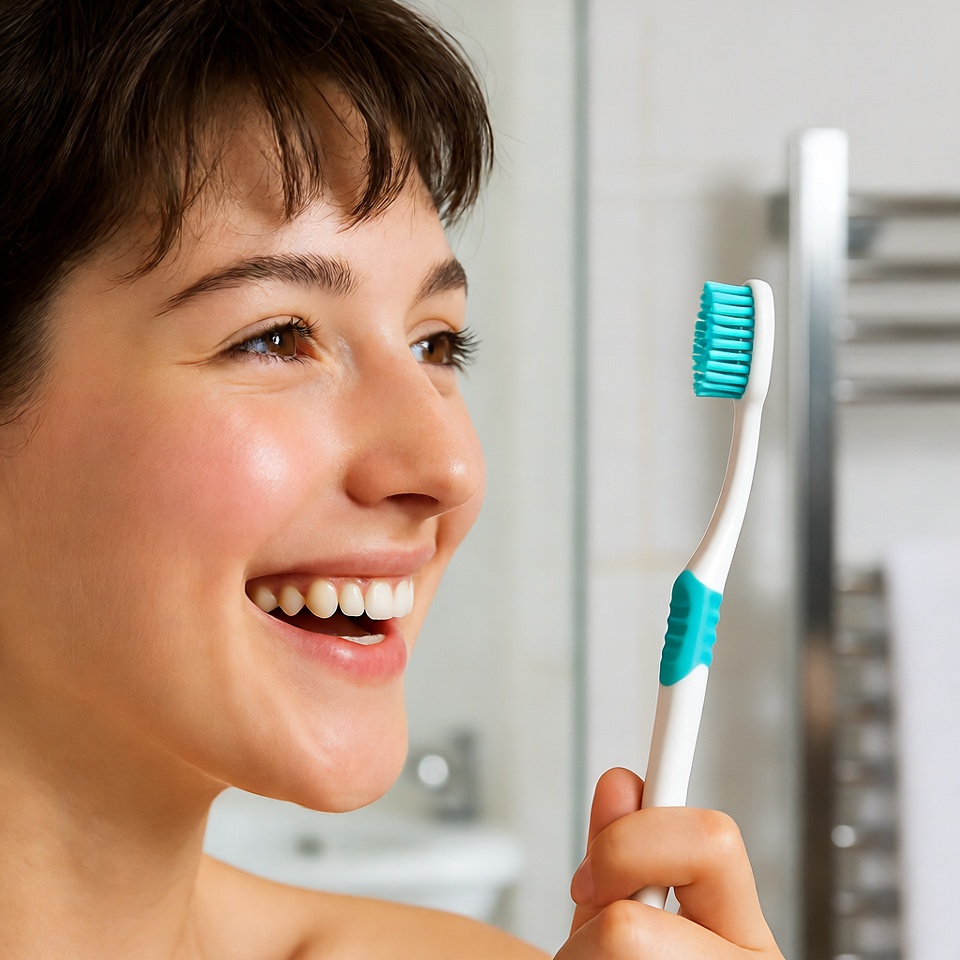 Smiling person holding toothbrush in bathroom Smiling person holding toothbrush in bathroom