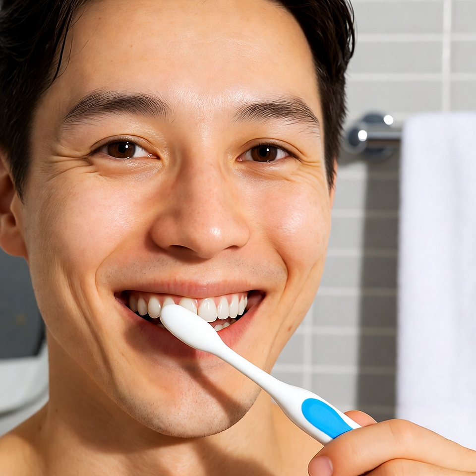 Smiling man brushes teeth in bathroom Smiling man brushes teeth in bathroom