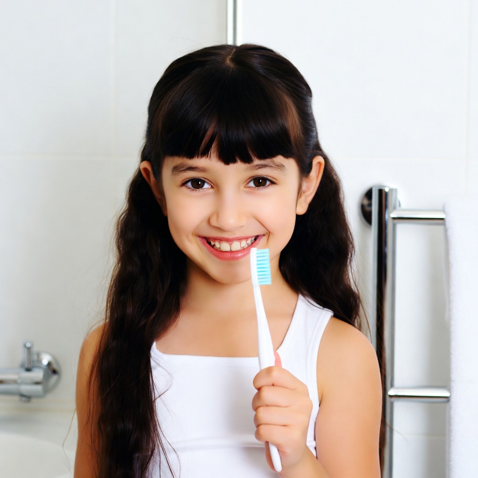 Happy child brushing teeth in bathroom Happy child brushing teeth in bathroom