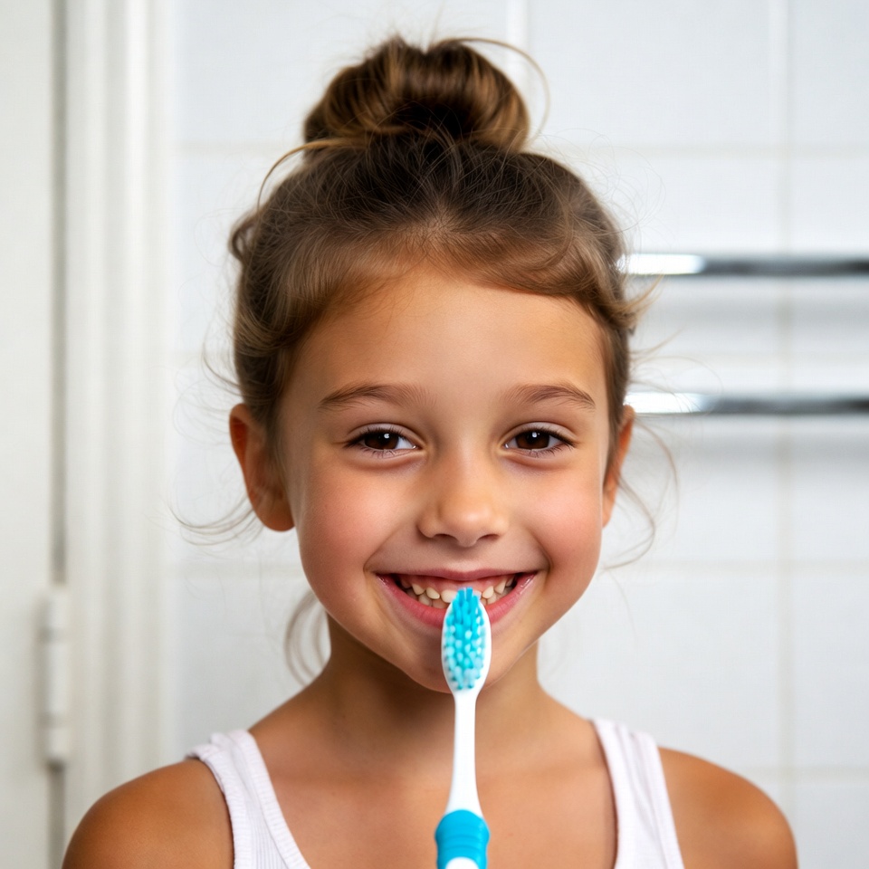 Smiling girl brushes her teeth in bathroom Smiling girl brushes her teeth in bathroom