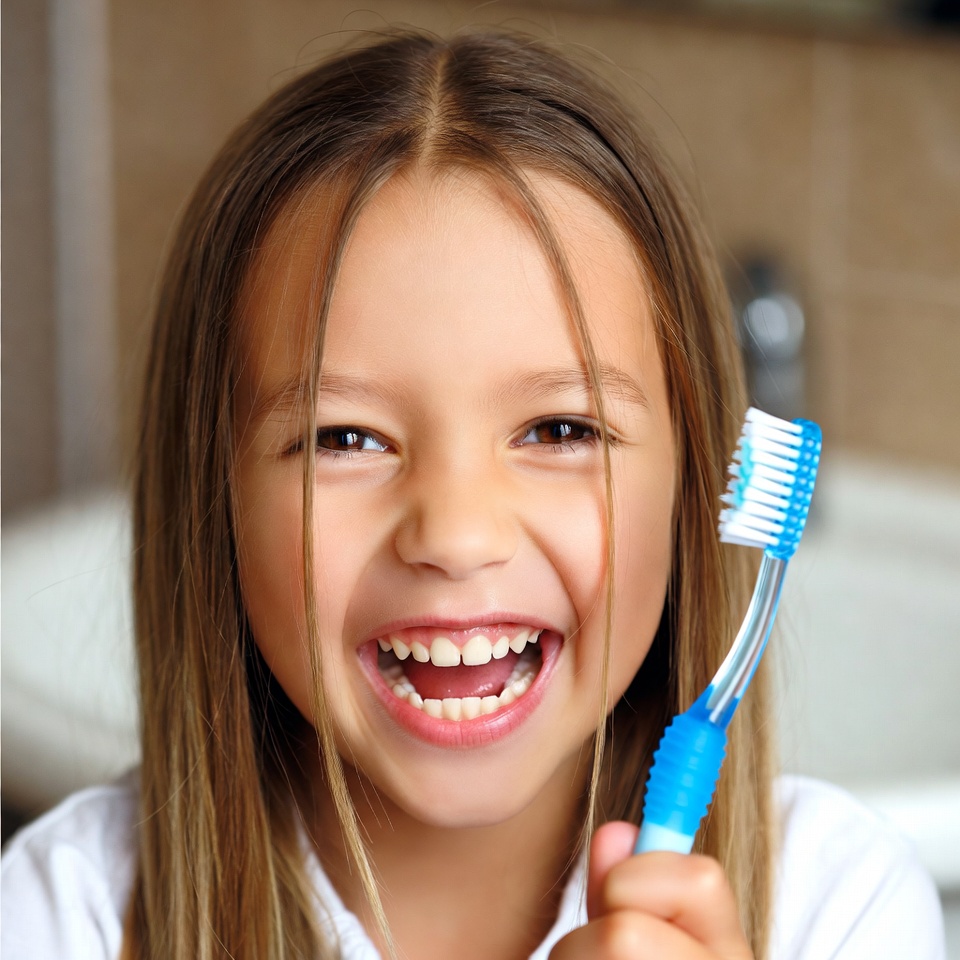 Girl smiling with toothbrush in bathroom Girl smiling with toothbrush in bathroom
