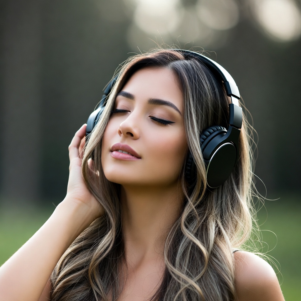 Enjoying music outdoors with headphones Enjoying music outdoors with headphones