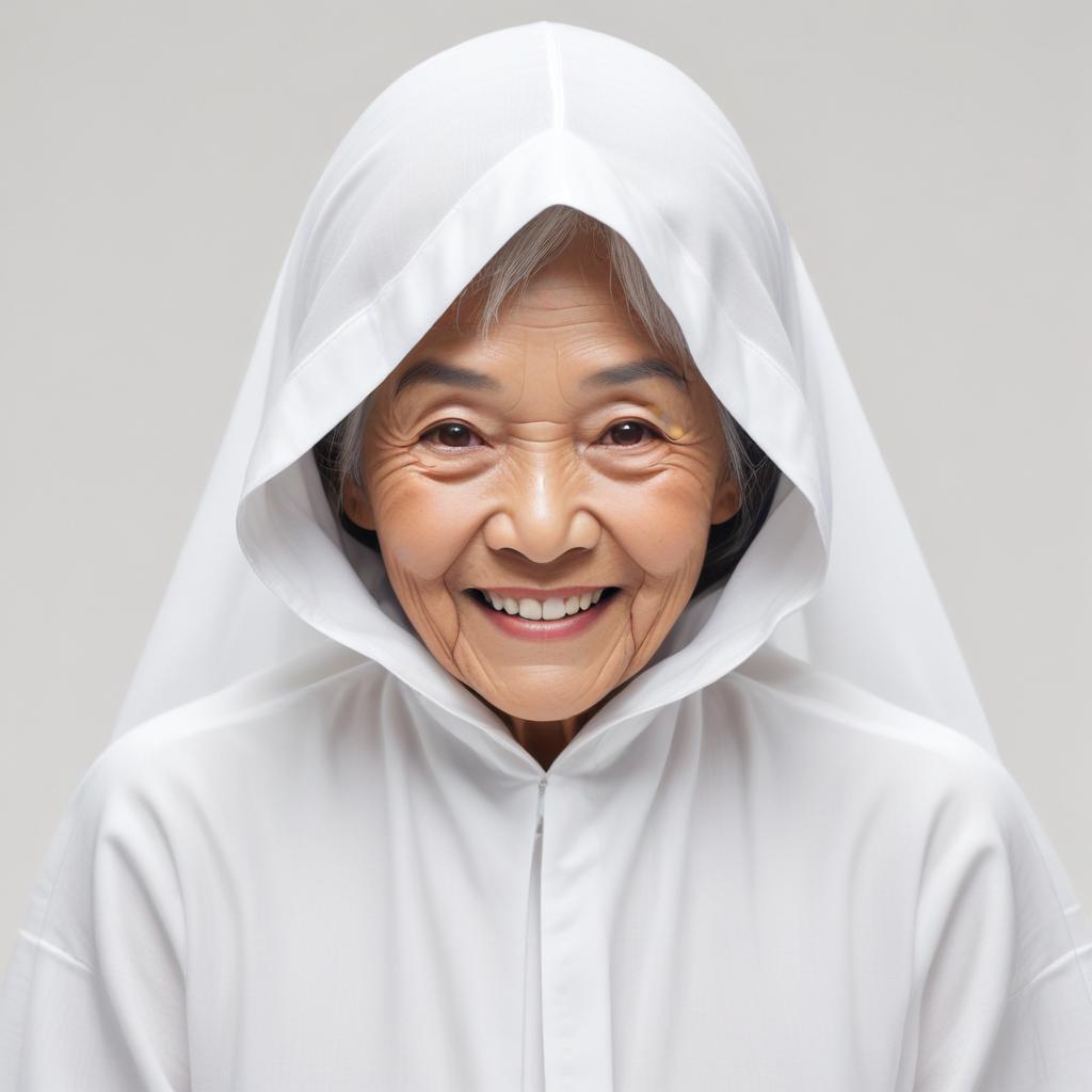 Smiling elderly woman in white hood Smiling elderly woman in white hood