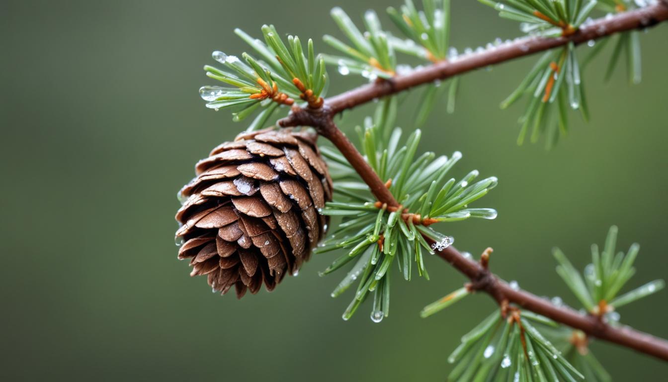 Pine cone on branch with raindrops Pine cone on branch with raindrops