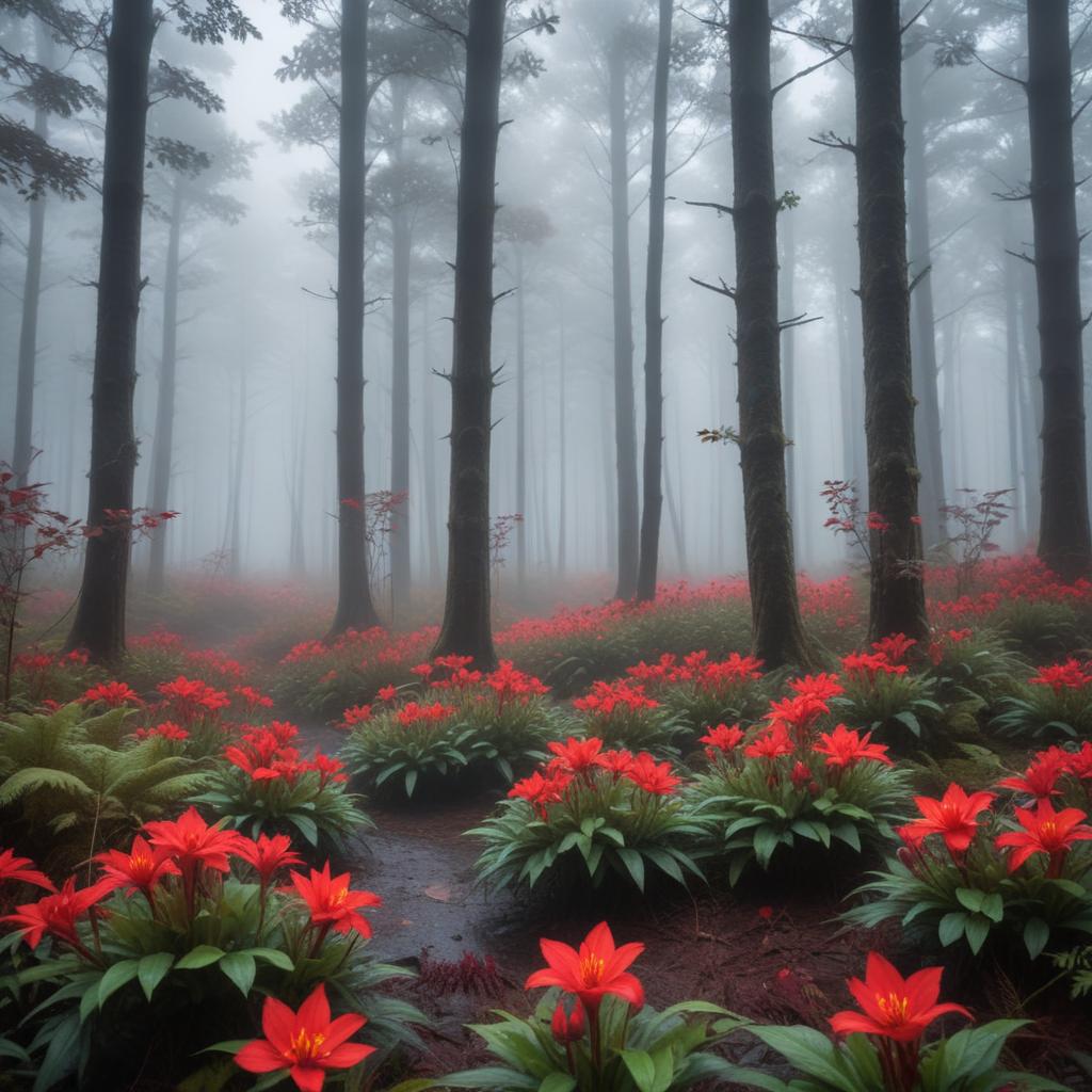 Misty forest with vibrant flowers Misty forest with vibrant flowers