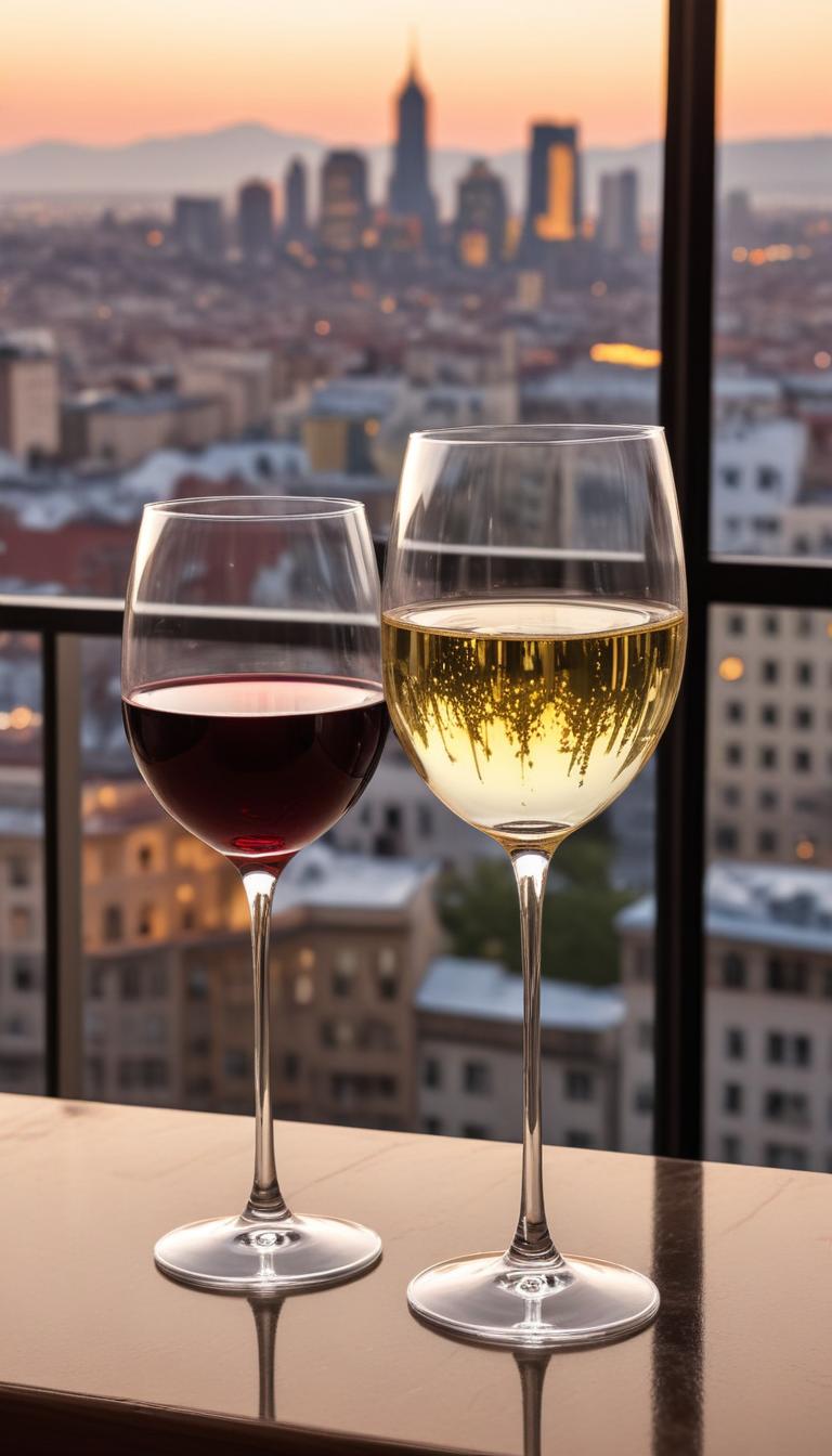 City sunset with wine glasses City sunset with wine glasses