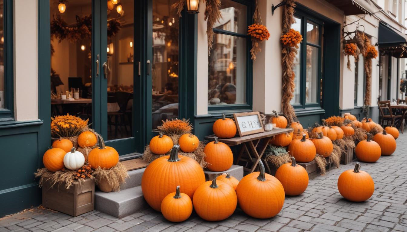 Autumn pumpkins at cozy cafe entrance Autumn pumpkins at cozy cafe entrance