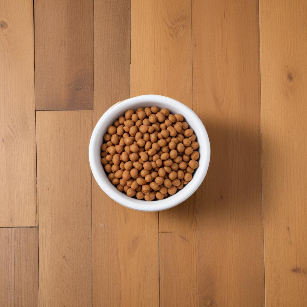 Pet food bowl on wooden floor Pet food bowl on wooden floor